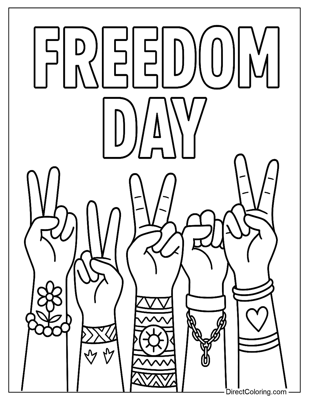 Coloring page of hands raised in victory symbols and culture, with the words “Freedom Day”
